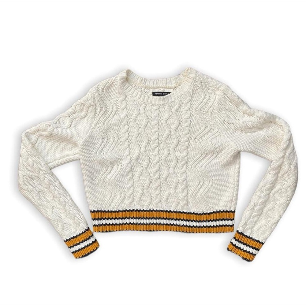 Kendall and Kylie Cropped Cozy Cable Knit White Sweater with Striped Orange Hem
